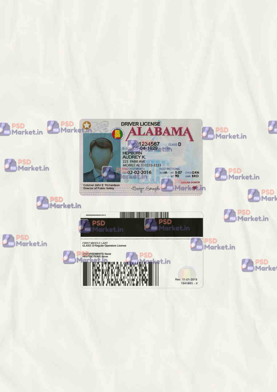 Alabama Drivers License (scan) Template (V2) - PSDMarket.in Alabama Drivers License (scan) Template (V2) - PSDMarket.in