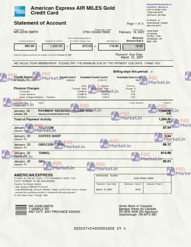 Amex Card Account Statement Template - PSDMarket.in