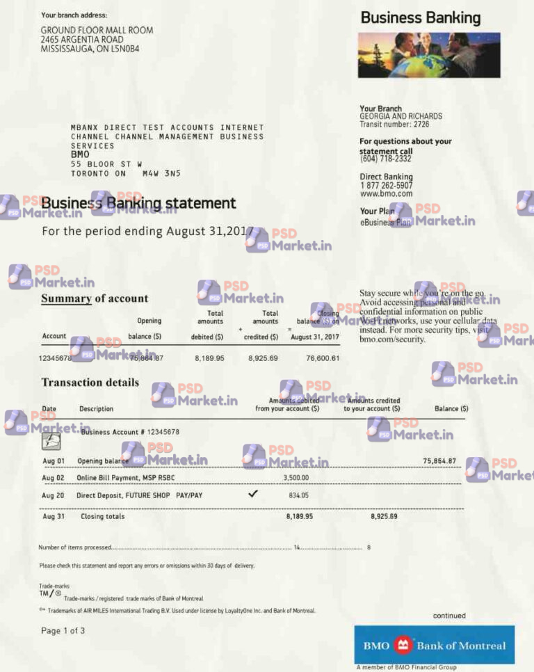 Bank of Montreal Statement Template - PSDMarket.in