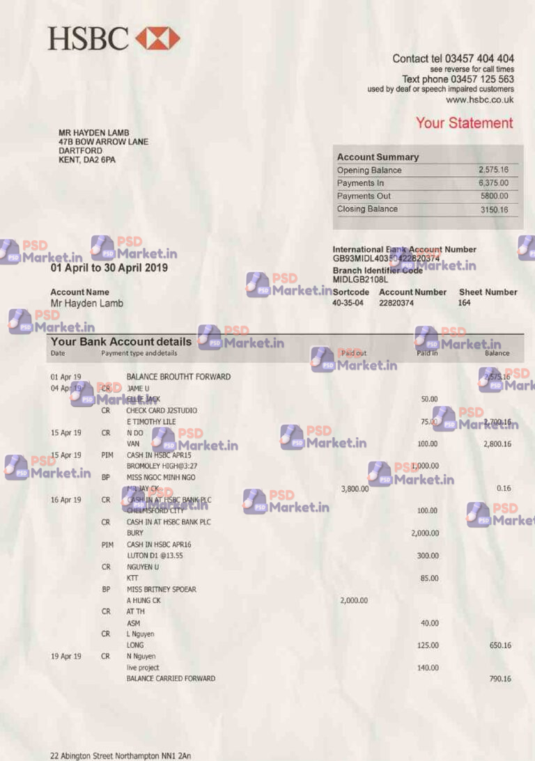 HSBC Bank Statement Template - PSDMarket.in