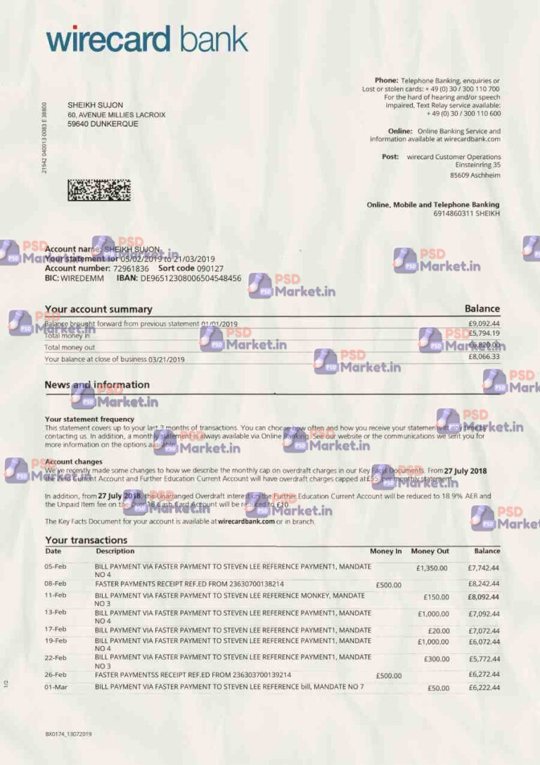 Payoneer bank Wire card bank statement Template - PSDMarket.in